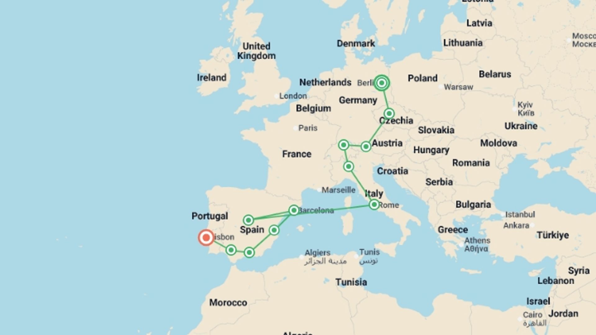 A map showing the tour itinerary for the trip: Continental Europe, starting in Berlin, Germany and ending in Lisbon, Portugal going through 10 other destinations.