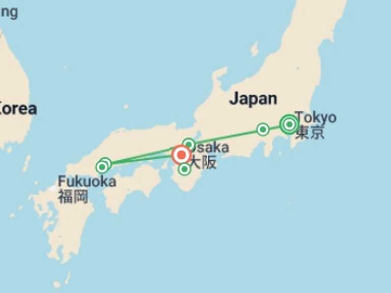 Map itinerary of Asia Tour in October 2026 with 6 destination visits for the trip: Best of Japan with Koya-san