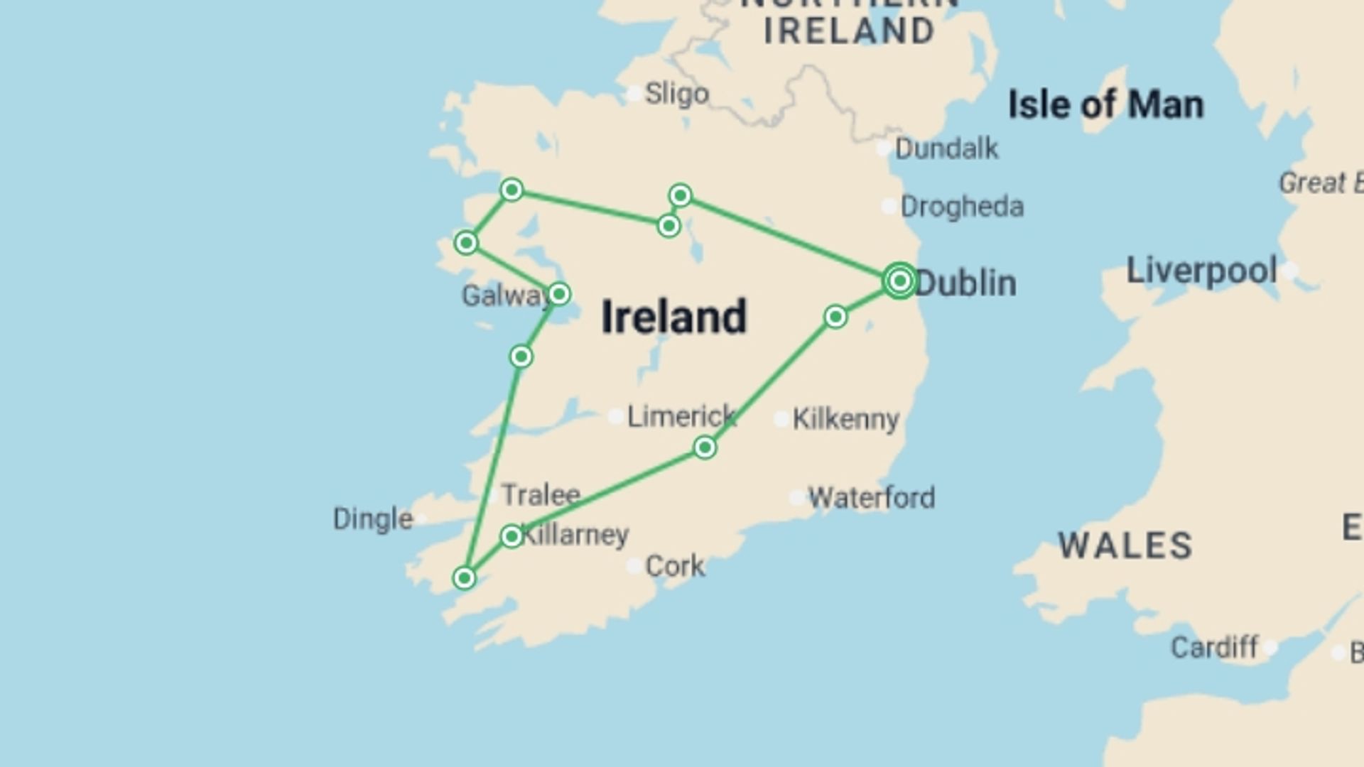 A map showing the tour itinerary for the trip: Castles and Manors, starting in Dublin, Ireland and ending in Dublin, Ireland going through 4 other destinations.