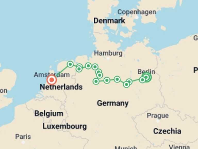 Map of Berlin Adventure Tour with 10 destination visits for the trip: From Berlin to Amsterdam (port-to-port cruise)