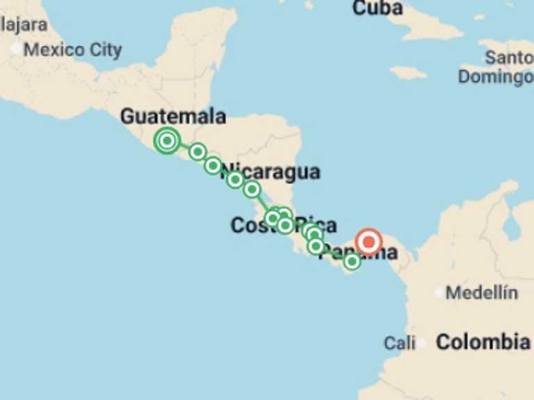 Map itinerary of North America Tour in November 2026 with 17 destination visits for the trip: Amazing Central America