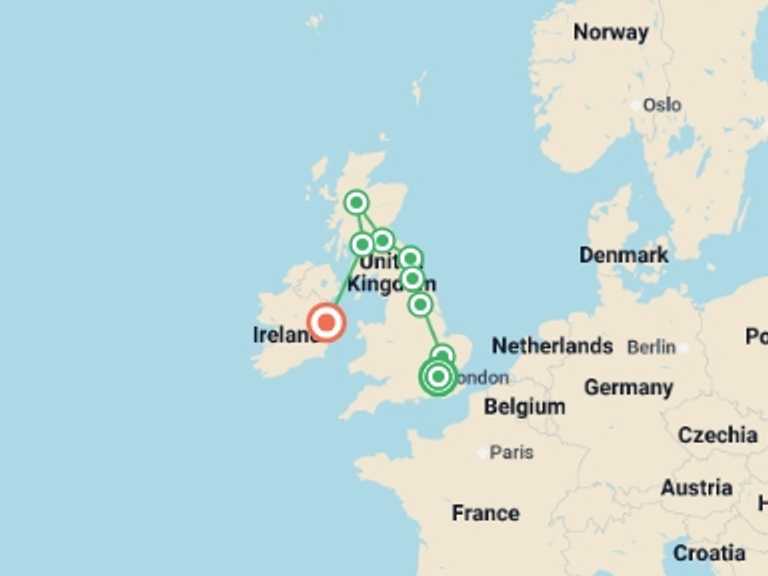Map of Europe Tour with 5 destination visits for the trip: Aonghus Youth