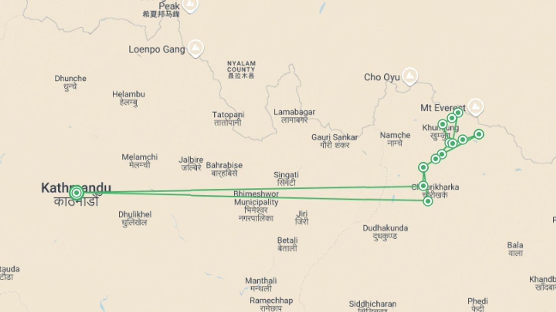 A map showing the tour itinerary for the trip: Island Peak Climbing With Everest Base Camp Trek, starting in Kathmandu, Nepal and ending in Kathmandu, Nepal going through 13 other destinations.