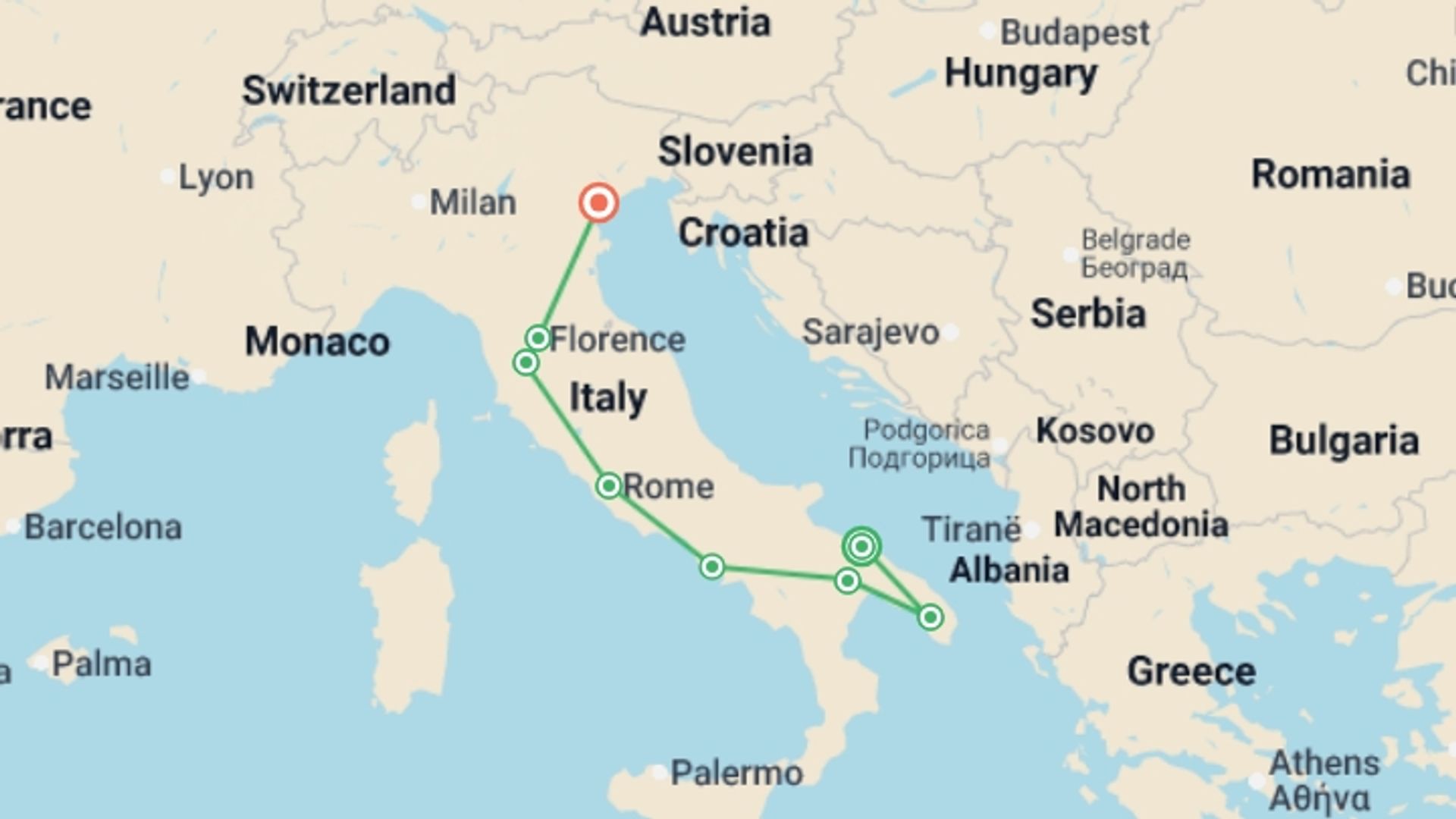 A map showing the tour itinerary for the trip: Premium Italy in Depth, starting in Bari, Italy and ending in Venice, Italy going through 7 other destinations.