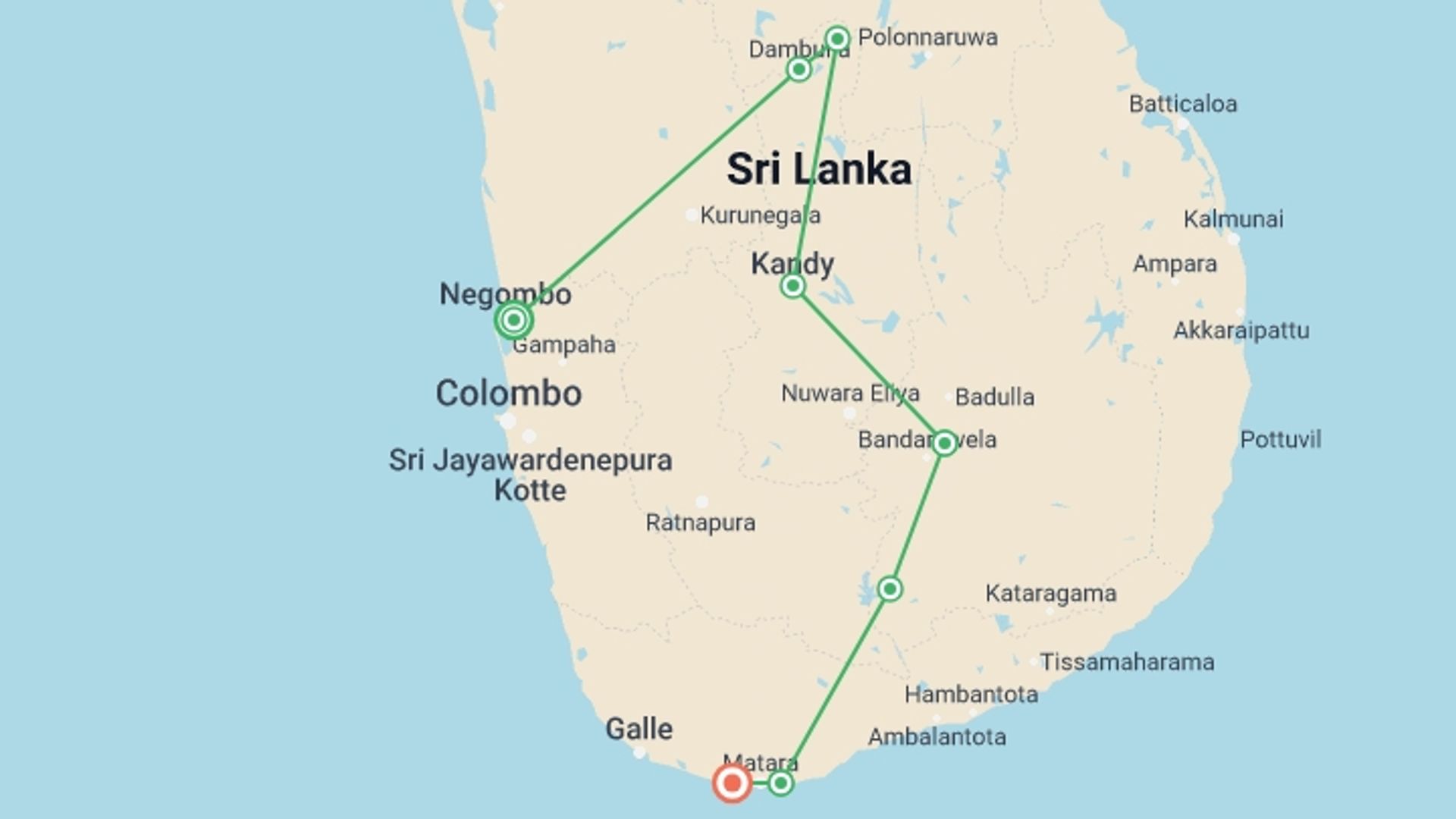 A map showing the tour itinerary for the trip: Sri Lanka Experience, starting in Negombo, Sri Lanka and ending in Mirissa, Sri Lanka going through 6 other destinations.