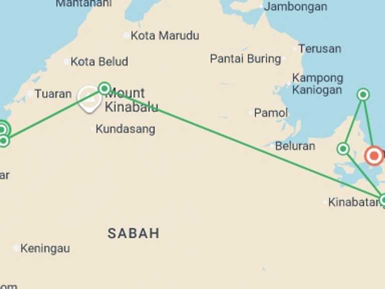 Map itinerary of Asia Tour in March 2027 with 7 destination visits for the trip: Sabah Adventure