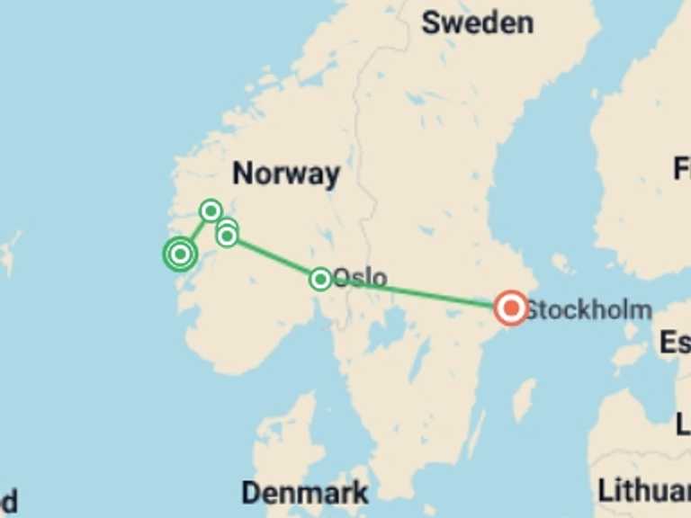 Map of 10-Day Scandinavia Tour with 4 destination visits for the trip: Magic of Norwegian Fjords and Stockholm