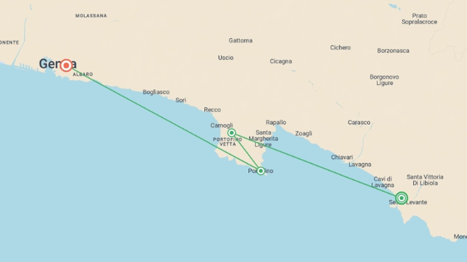 A map showing the tour itinerary for the trip: Self-Guided Culinary Package - Sestri Levante, starting in Sestri Levante, Italy and ending in Genoa, Italy going through 2 other destinations.