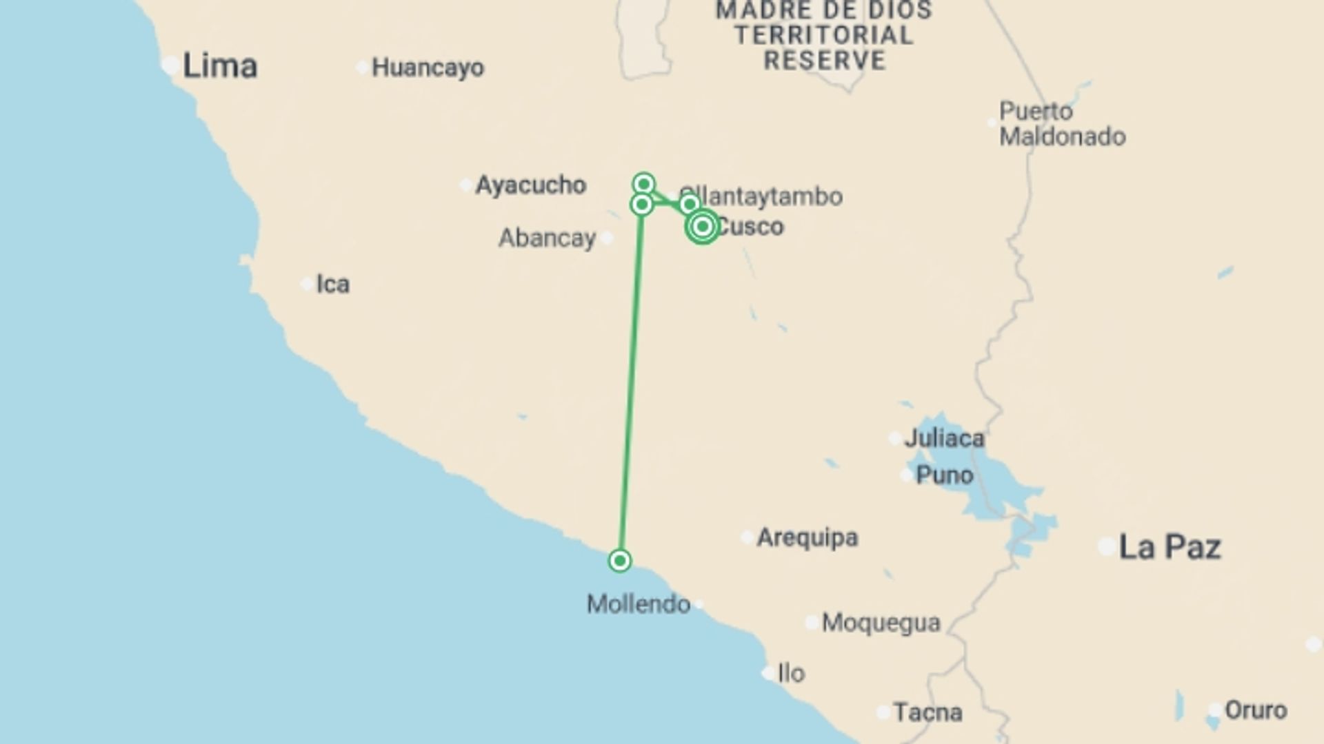 A map showing the tour itinerary for the trip: Salkantay Trek to Machu Picchu, starting in Cusco, Peru and ending in Cusco, Peru going through 5 other destinations.