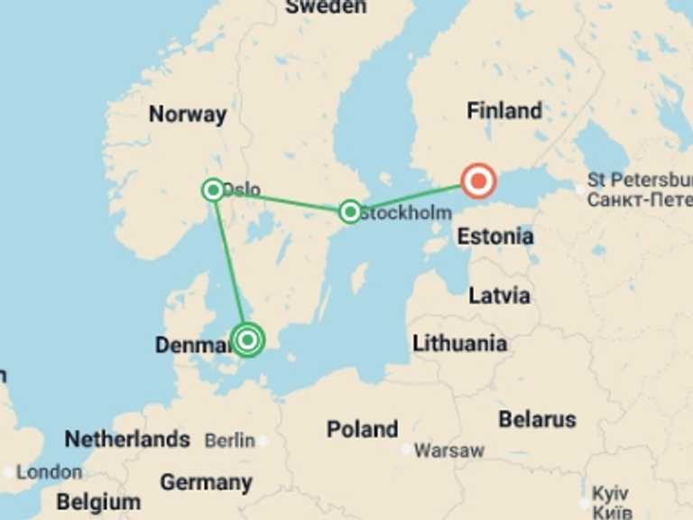 Map itinerary of Europe Tour in June 2026 with 4 destination visits for the trip: Capitals of Scandinavia