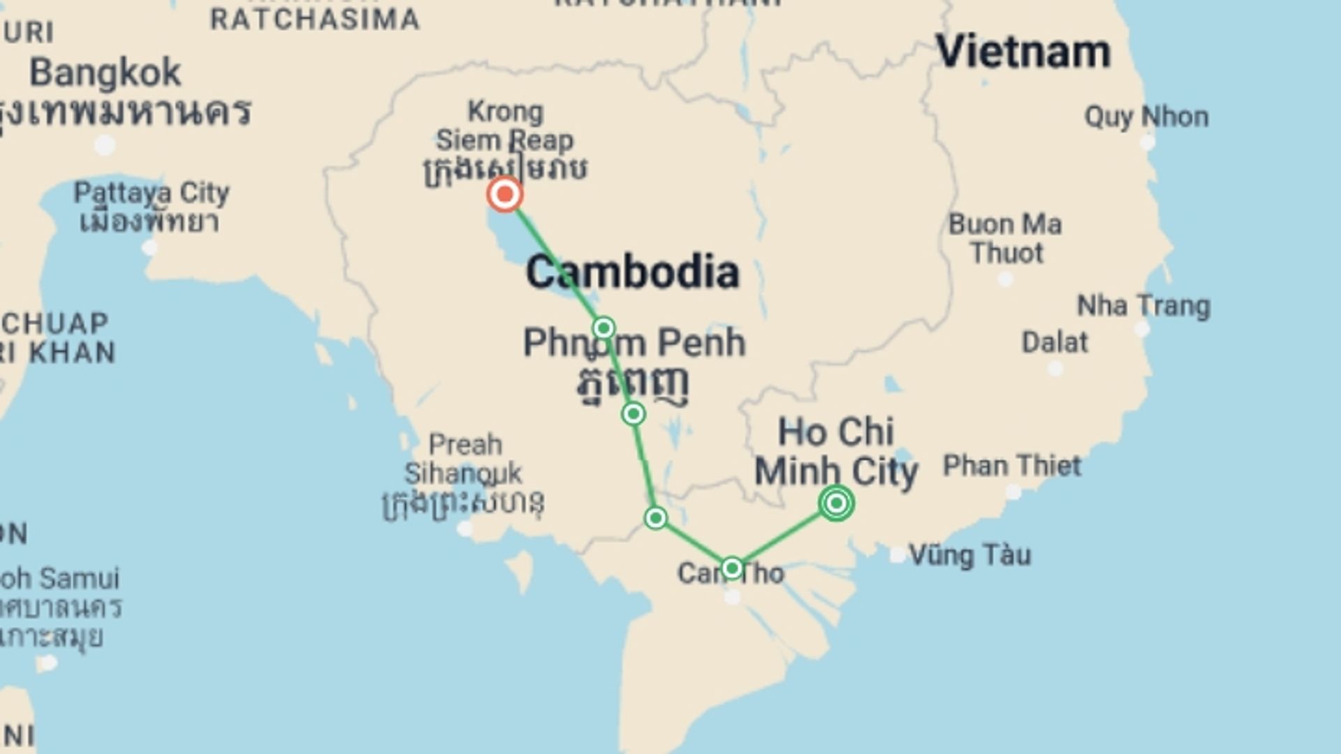 A map showing the tour itinerary for the trip: From the Mekong Delta to the Angkor Temples (port-to-port cruise), starting in Ho Chi Minh City, Vietnam and ending in Siem Reap, Cambodia going through 5 other destinations.
