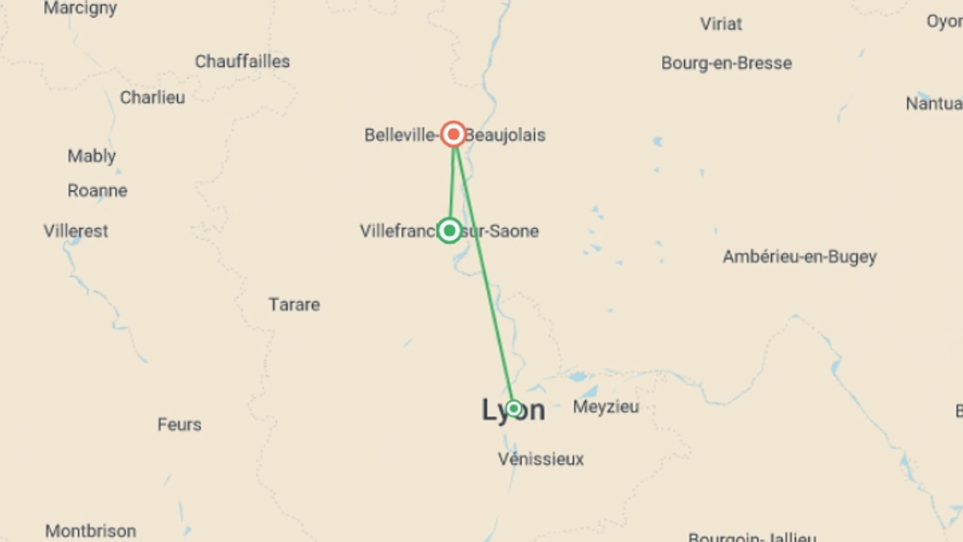A map showing the tour itinerary for the trip: Food and Wine in a French Chateau, starting in Villefranche-sur-Saone, France and ending in Beaujolais, France going through 1 other destinations.