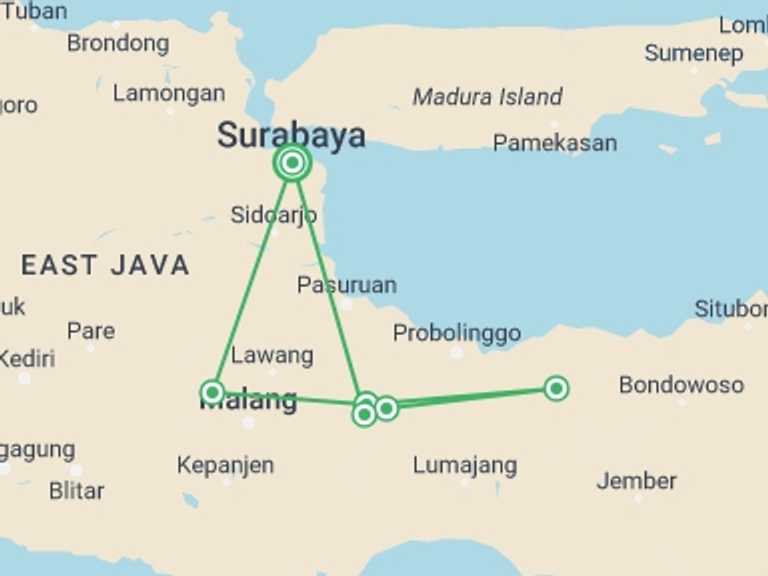 Map itinerary of Indonesia Tour in June 2027 with 5 destination visits for the trip: Four Day Enduro in East Java