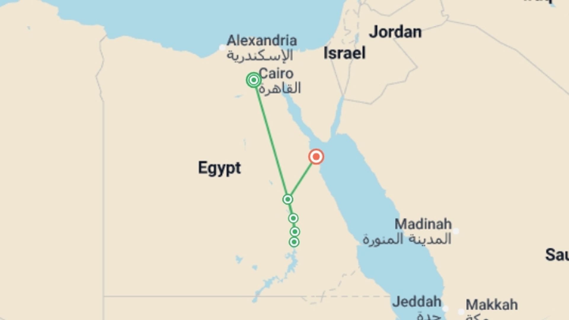 A map showing the tour itinerary for the trip: Egypt Eclipse 2027: Starry Nights & Red Sea Retreats, starting in Cairo, Egypt and ending in Hurghada, Egypt going through 4 other destinations.