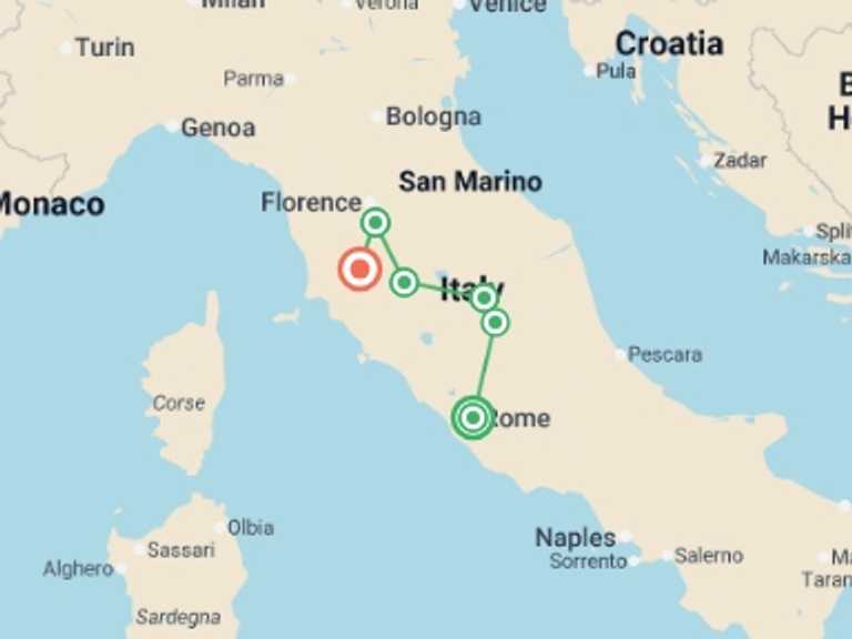 Map itinerary of Rome Tour in May 2027 with 5 destination visits for the trip: Tuscan & Umbrian Countryside featuring Italy's Charming Hill Towns
