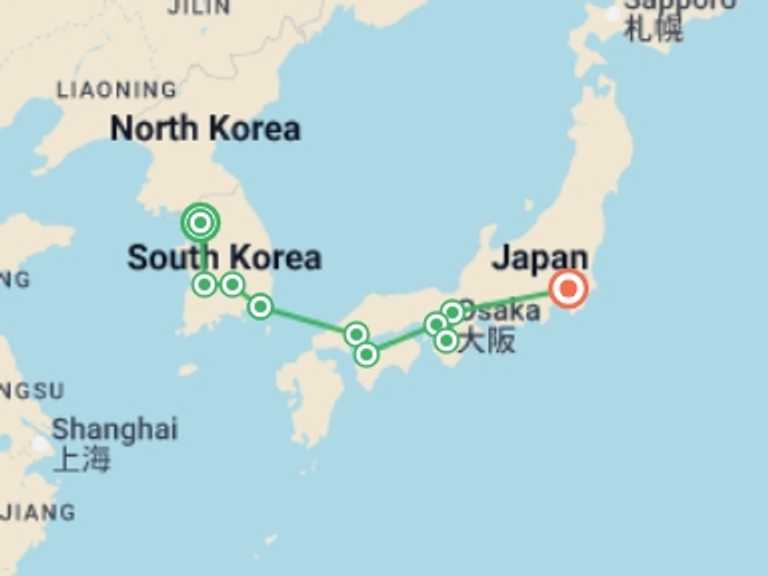 Map itinerary of Kyoto Tour in March 2026 with 9 destination visits for the trip: Classical Korea and Japan End Tokyo