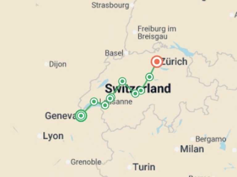 Map itinerary of Europe Tour in Winter with 7 destination visits for the trip: Swiss Delight