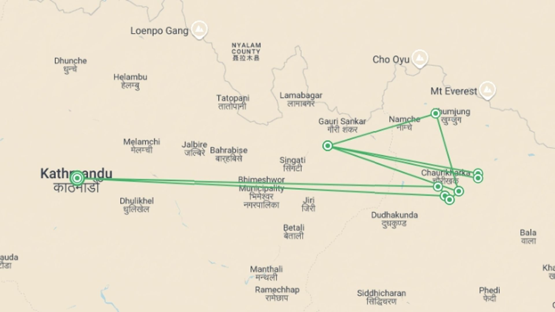 A map showing the tour itinerary for the trip: Mera Peak Climbing - 15 Days, starting in Kathmandu, Nepal and ending in Kathmandu, Nepal going through 9 other destinations.