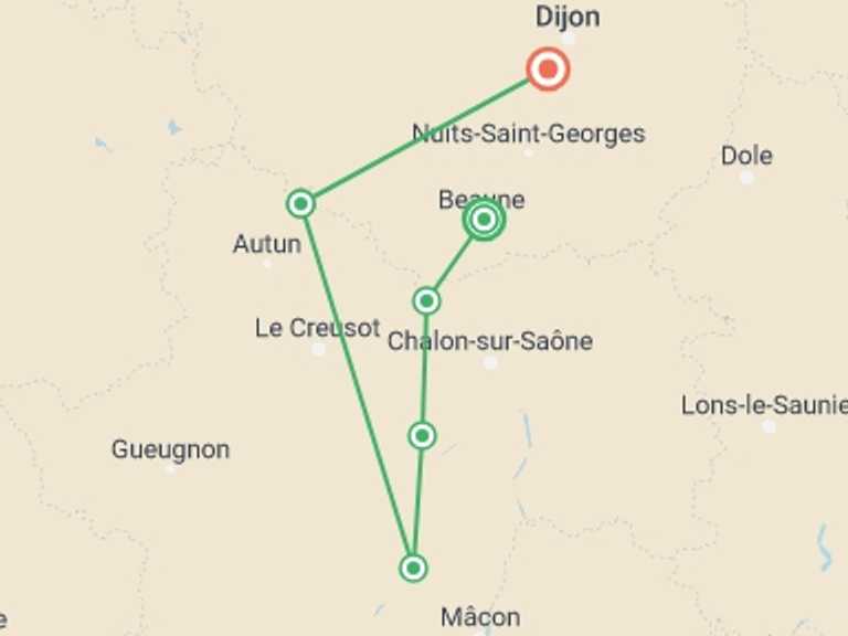 Map of Europe Tour with 6 destination visits for the trip: Burgundy Canals and Vineyards