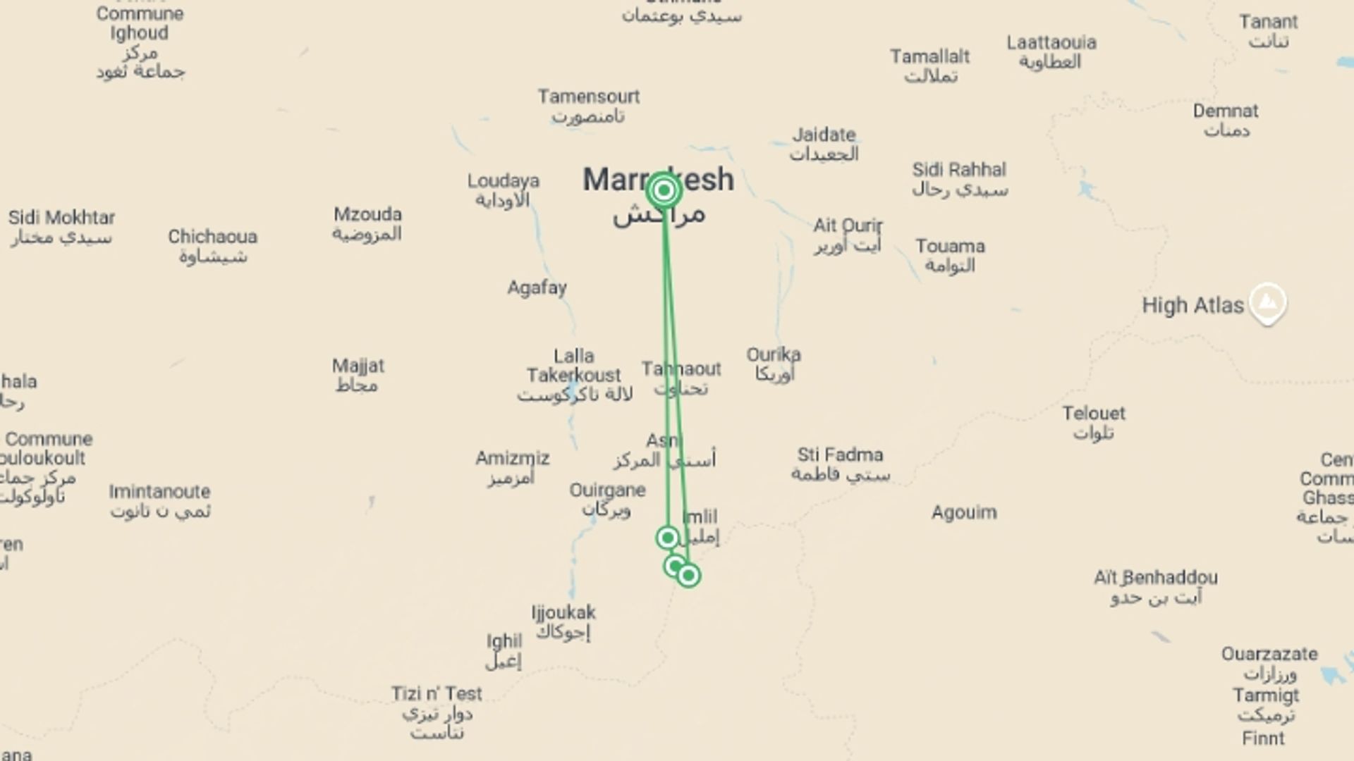 A map showing the tour itinerary for the trip: Atlas Lodges Trek 5D/4N, starting in Marrakech, Morocco and ending in Marrakech, Morocco going through 3 other destinations.