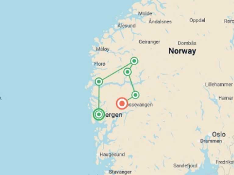 Map itinerary of Scandinavia Tour in June 2026 with 7 destination visits for the trip: Walking the Fjords (2026)