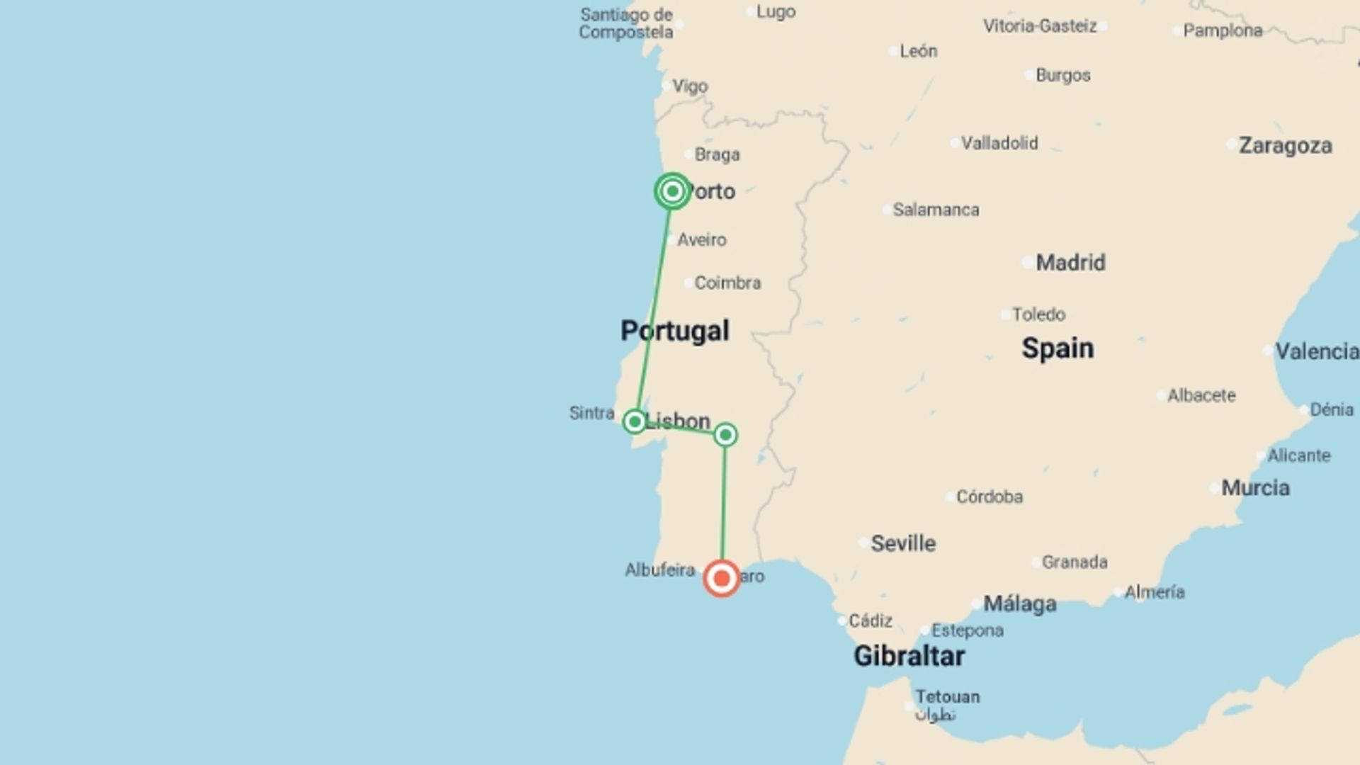 A map showing the tour itinerary for the trip: Portugal Explorer: Porto to Algarve, starting in Porto, Portugal and ending in Algarve, Portugal going through 2 other destinations.