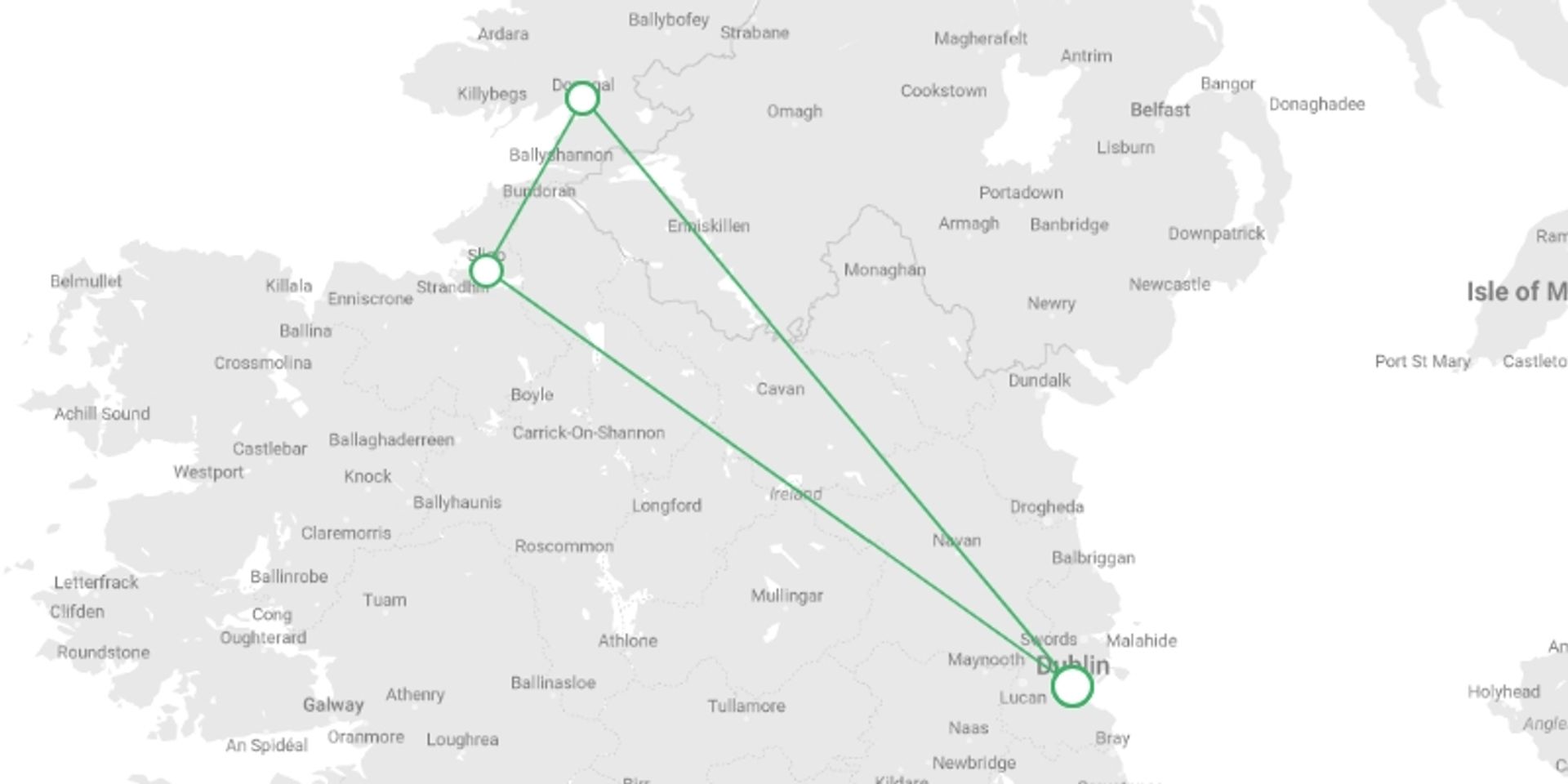 A map showing the tour itinerary for the trip: Dublin to Donegal - 3 days, starting in Dublin, Ireland and ending in Dublin, Ireland going through 1 other destinations.