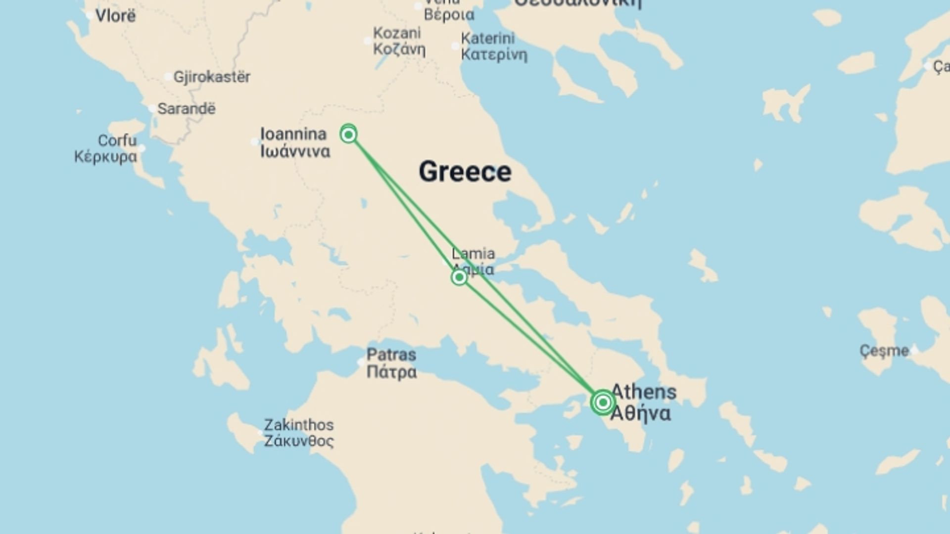 A map showing the tour itinerary for the trip: Delphi & Meteora 2D/1N, starting in Athens, Greece and ending in Athens, Greece going through 1 other destinations.