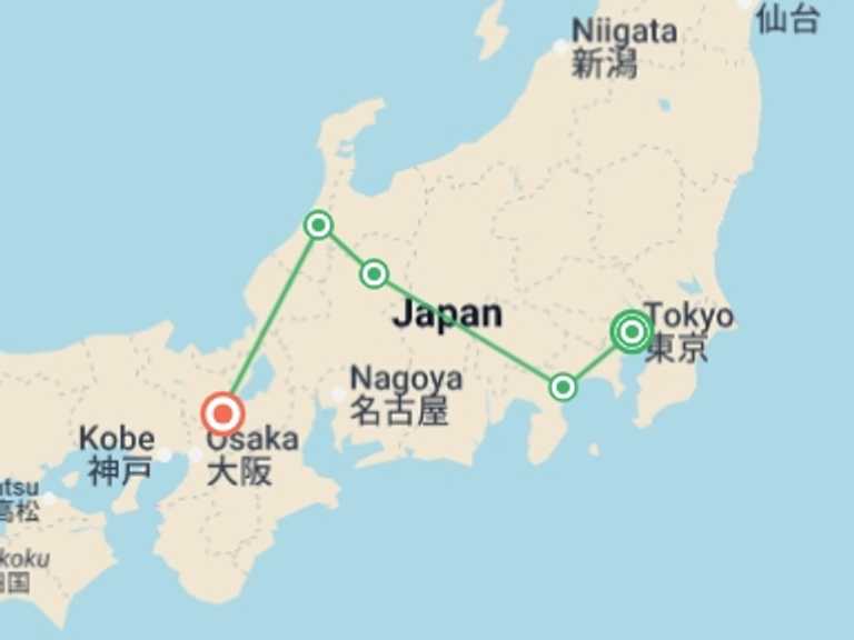 Map of 14-Day Asia Tour with 5 destination visits for the trip: Cultural Treasures of Japan 