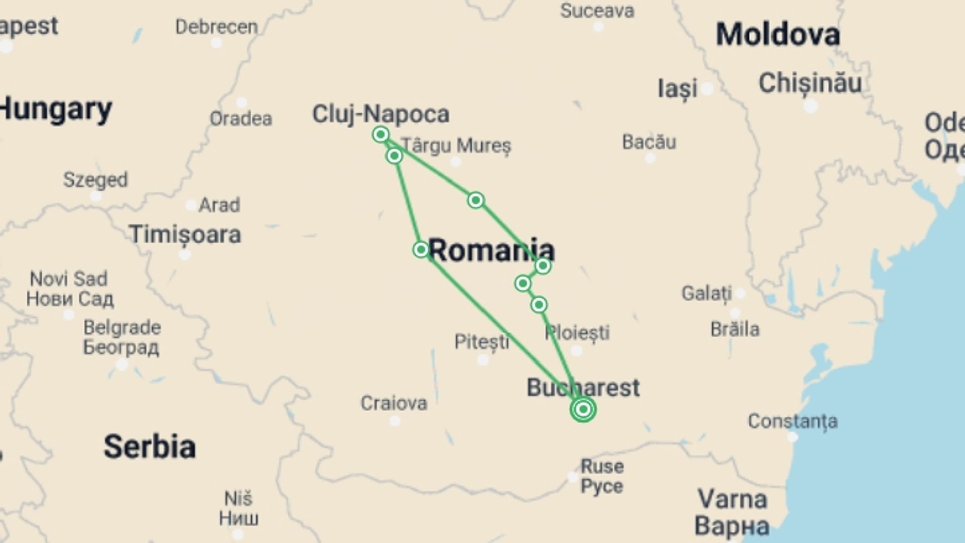 A map showing the tour itinerary for the trip: Halloween at Dracula's Castle (4 Star Hotels), starting in Bucharest, Romania and ending in Bucharest, Romania going through 3 other destinations.