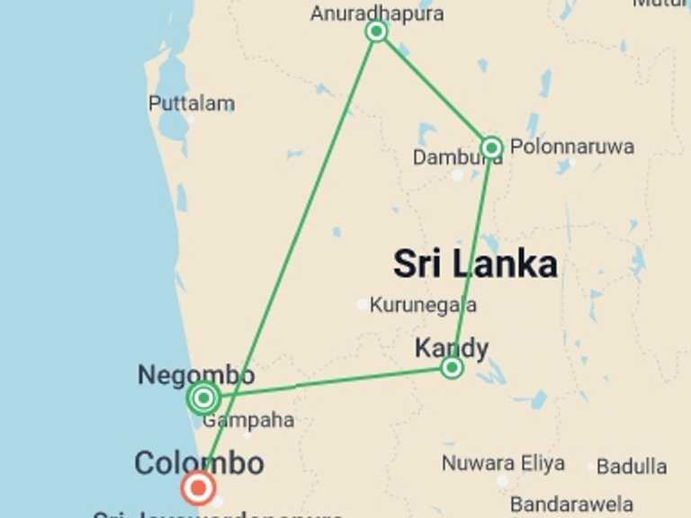 Map itinerary of Sri Lanka Tour in April 2027 with 5 destination visits for the trip: Classic Sri Lanka