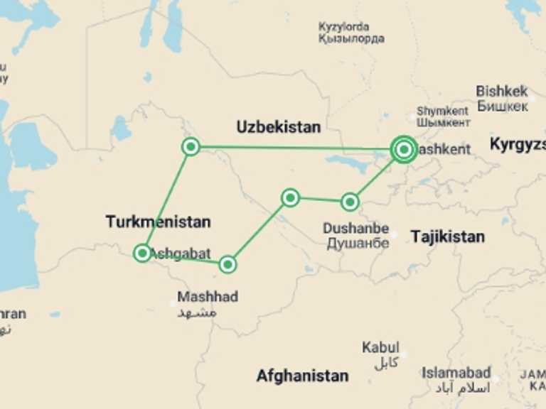 Map of a Adventure and sport Tour with 6 destination visits for the trip: Central Asia Journey