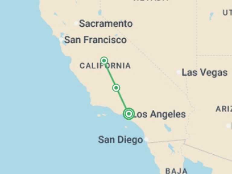 Map itinerary of USA Tour in January 2026 with 3 destination visits for the trip: Los Angeles, Yosemite, and Giant Sequoia