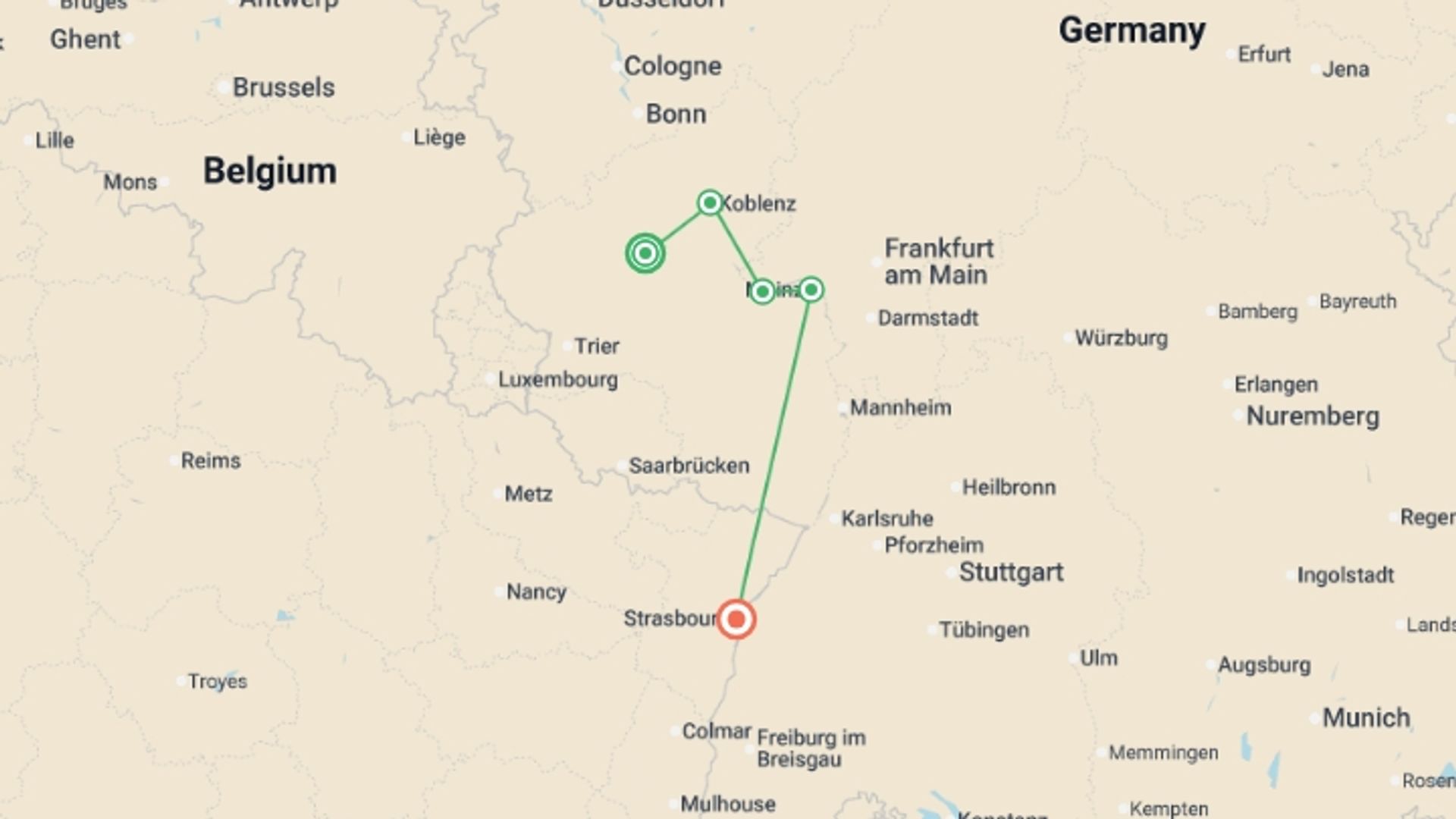 A map showing the tour itinerary for the trip: The Rhine & Moselle, starting in Cochem, Germany and ending in Strasbourg, France going through 5 other destinations.
