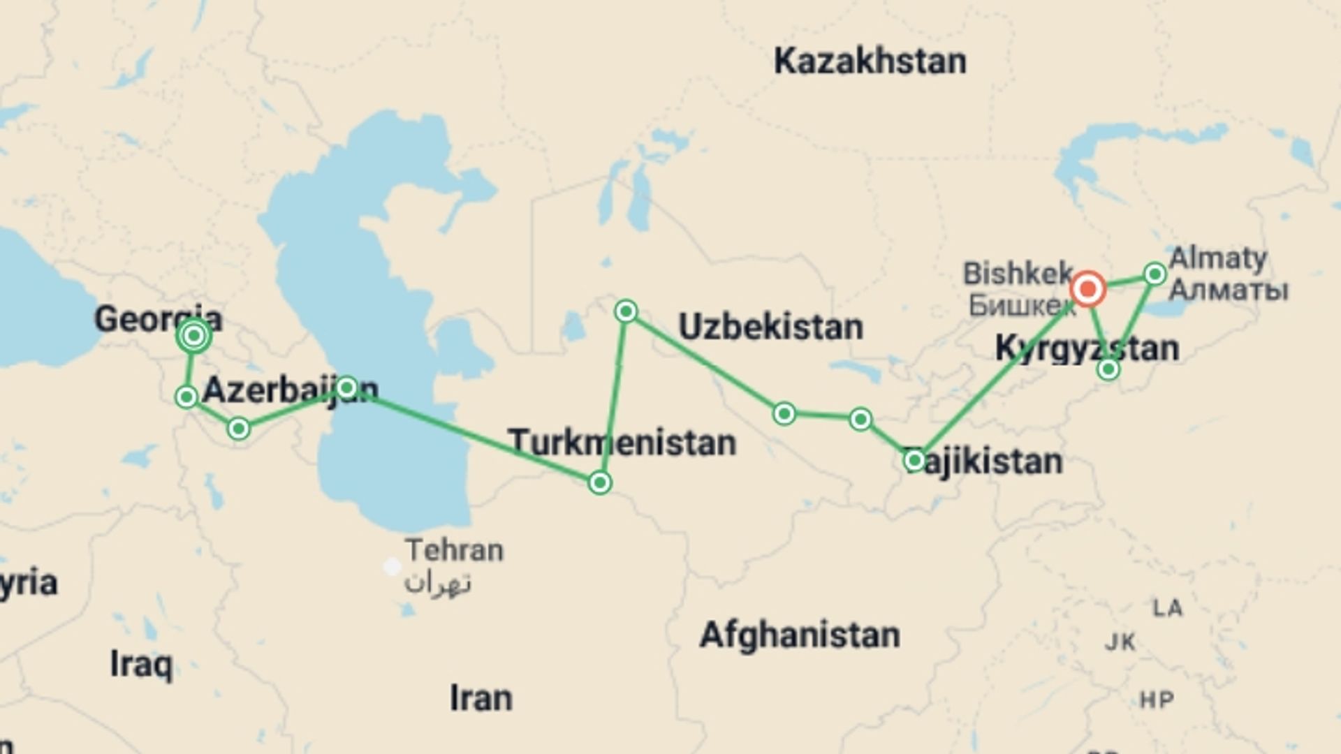 A map showing the tour itinerary for the trip: Tbilisi To Bishkek (70 Days), starting in Tbilisi, Georgia and ending in Bishkek, Kyrgyzstan going through 10 other destinations.