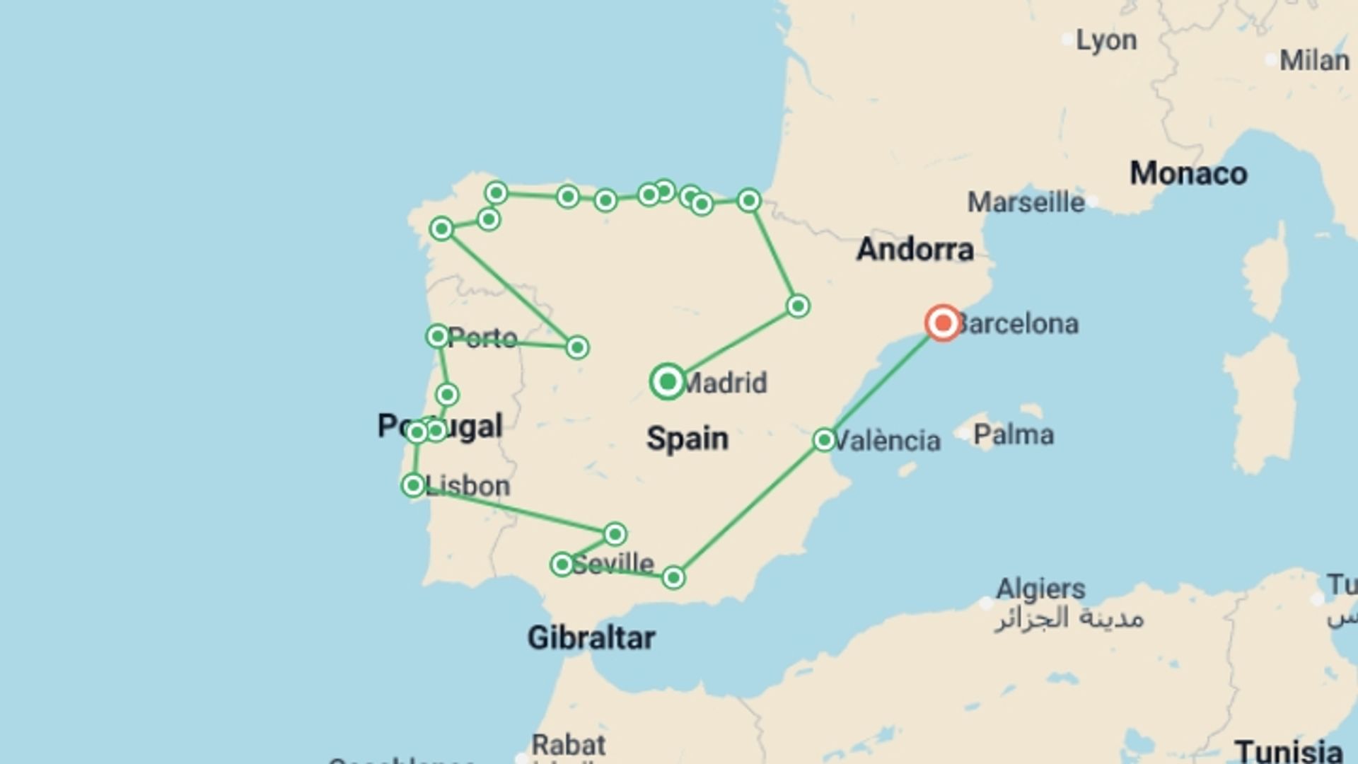 A map showing the tour itinerary for the trip: Extended Madrid to Barcelona (Superior) - 20 days, starting in Madrid, Spain and ending in Barcelona, Spain going through 12 other destinations.
