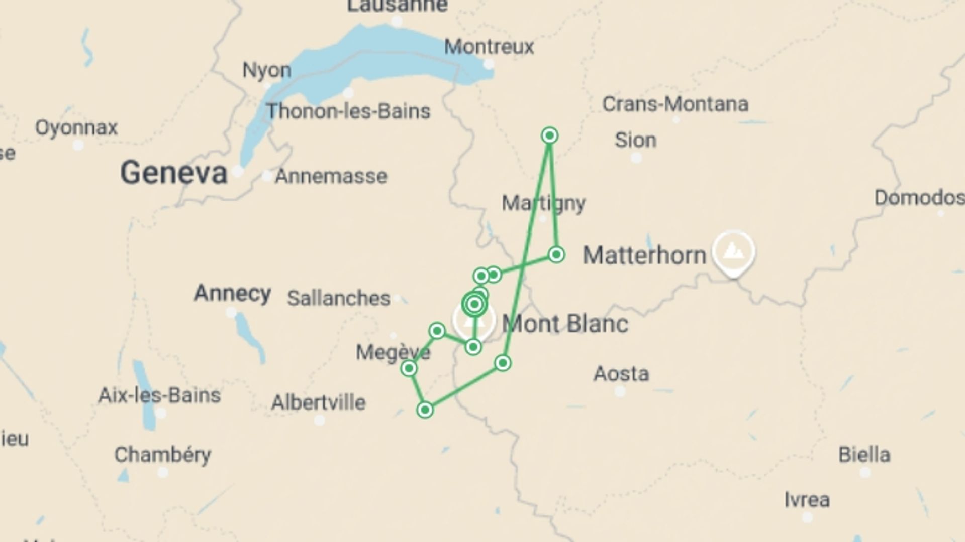 A map showing the tour itinerary for the trip: Hike the Tour du Mont Blanc, starting in Chamonix, France and ending in Chamonix, France going through 5 other destinations.
