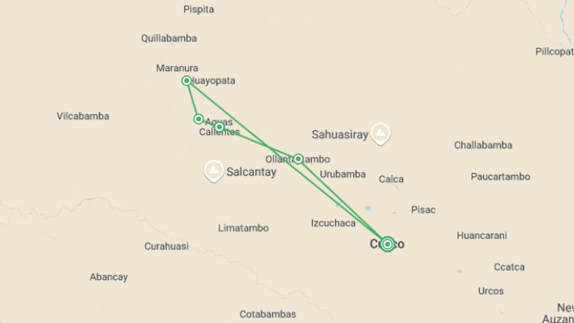 A map showing the tour itinerary for the trip: Machu Picchu Jungle Trek 4D/3N (Biking Only), starting in Cusco, Peru and ending in Cusco, Peru going through 4 other destinations.
