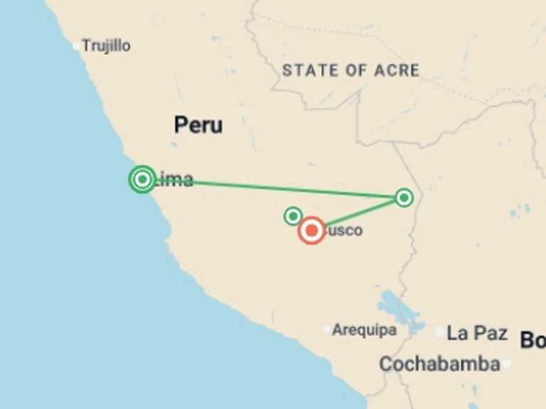Map of South America Tour with 4 destination visits for the trip: Lima, Amazon, Machu Picchu & Cusco - 8 days
