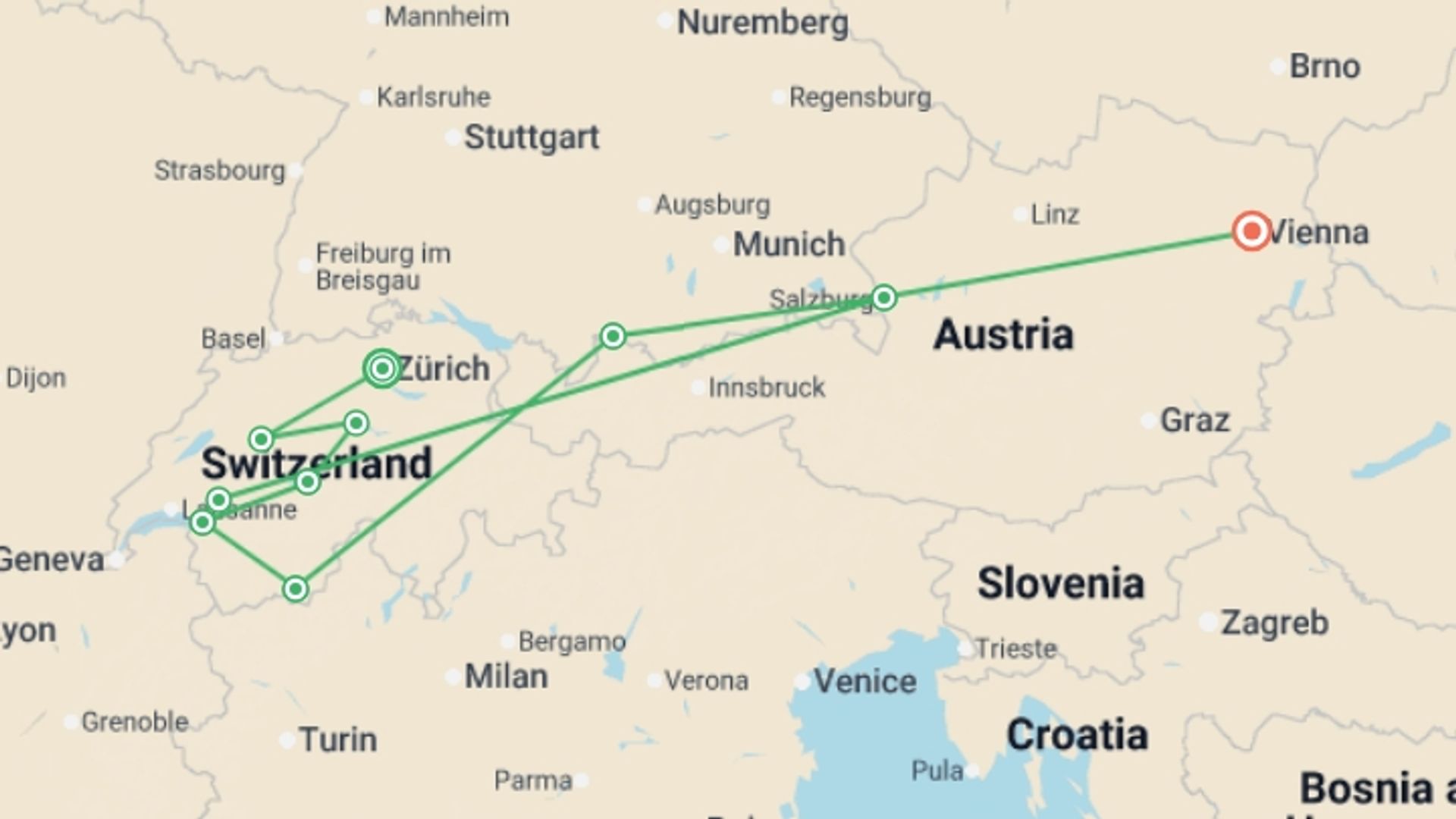A map showing the tour itinerary for the trip: Wonders of Switzerland & Austria, starting in Zurich, Switzerland and ending in Vienna, Austria going through 6 other destinations.