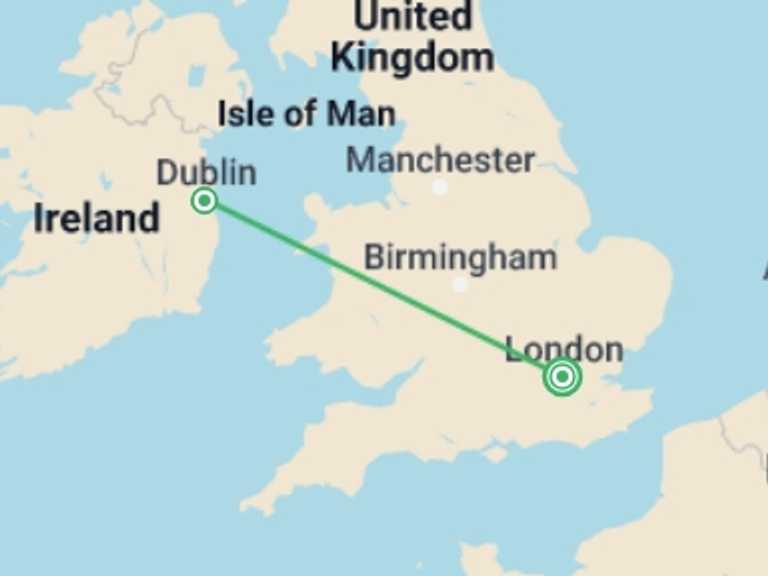 Map itinerary of London Tour in Spring with 2 destination visits for the trip: St Patrick's Day