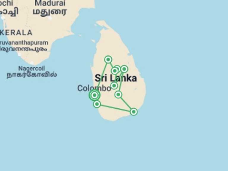 Map of a Natural landmarks sightseeing Tour with 7 destination visits for the trip: Sri Lanka Encompassed  - 15 days