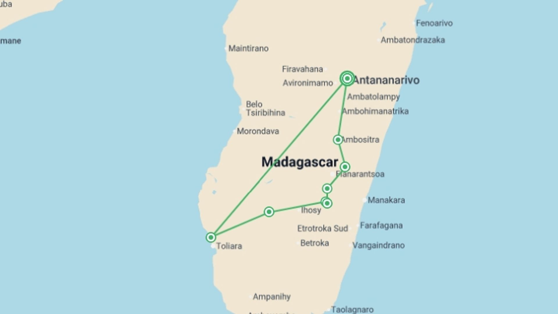 A map showing the tour itinerary for the trip: Madagascar Wilderness Trek, starting in Antananarivo, Madagascar and ending in Antananarivo, Madagascar going through 7 other destinations.