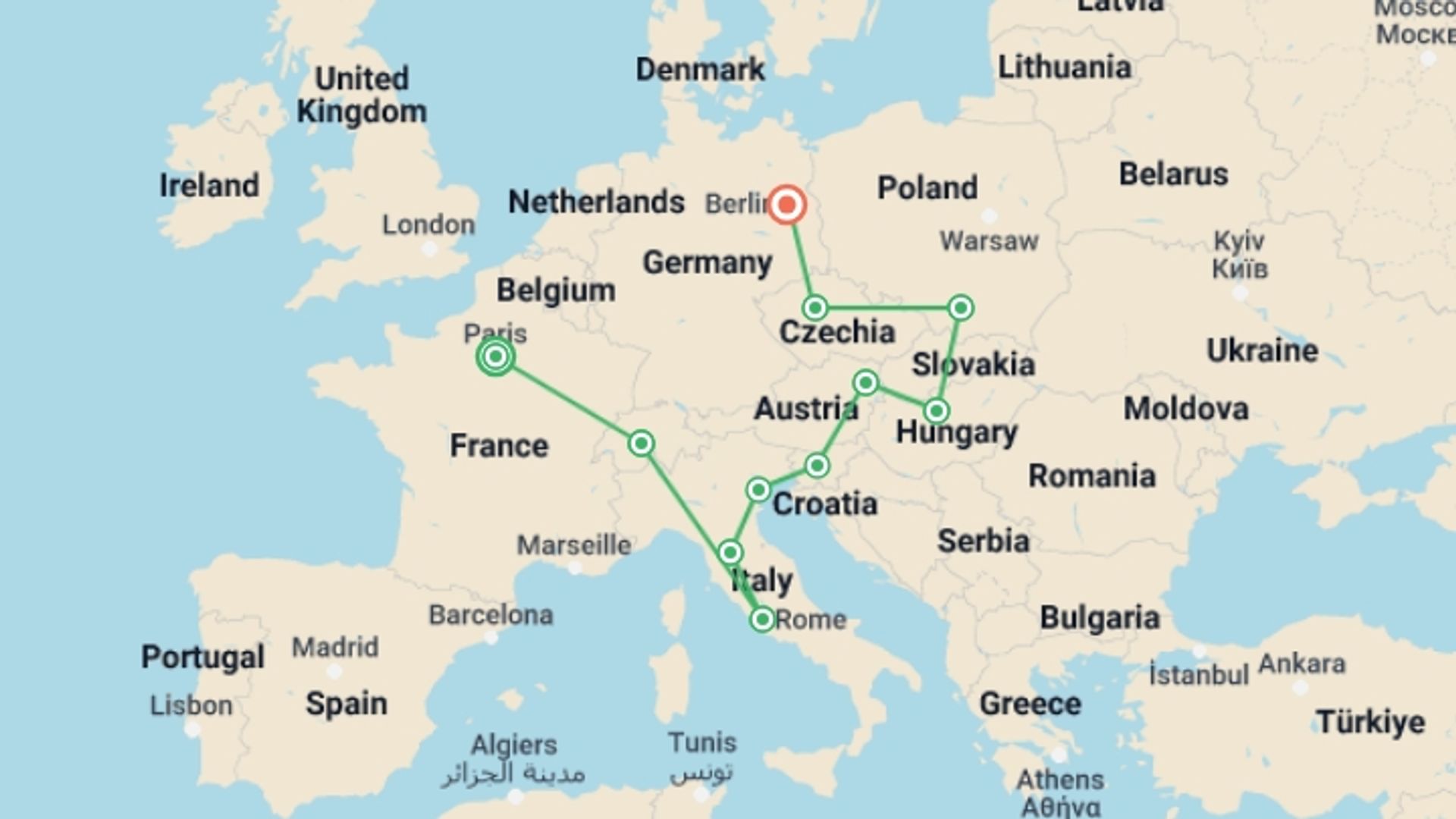 A map showing the tour itinerary for the trip: Paris to Berlin: Art & the Alps, starting in Paris, France and ending in Berlin, Germany going through 9 other destinations.