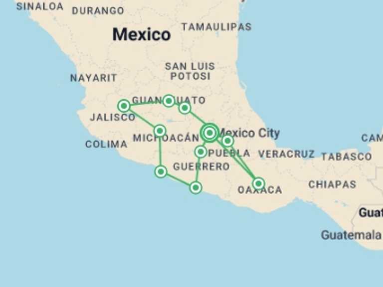 Map of Mexico City Explorer Tour with 10 destination visits for the trip: Mexican Getaway with Acapulco
