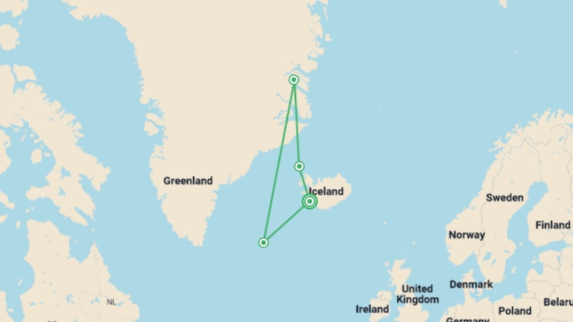 A map showing the tour itinerary for the trip: Adventures in Northeast Greenland: Glaciers, Fjords and the Northern Lights, starting in Reykjavik, Iceland and ending in Reykjavik, Iceland going through 4 other destinations.
