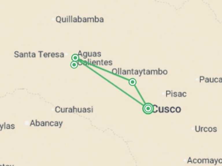 Map itinerary of South America Tour in March 2026 with 5 destination visits for the trip: Inca Trail Adventure