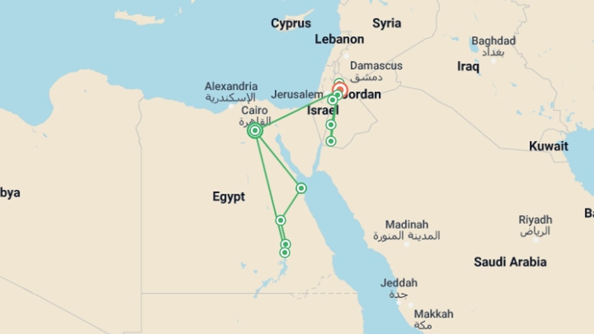 A map showing the tour itinerary for the trip: Egypt & Jordan Jewel with 5* Nile Boat Cruise, starting in cairo airport, Egypt and ending in Amman, Jordan going through 7 other destinations.