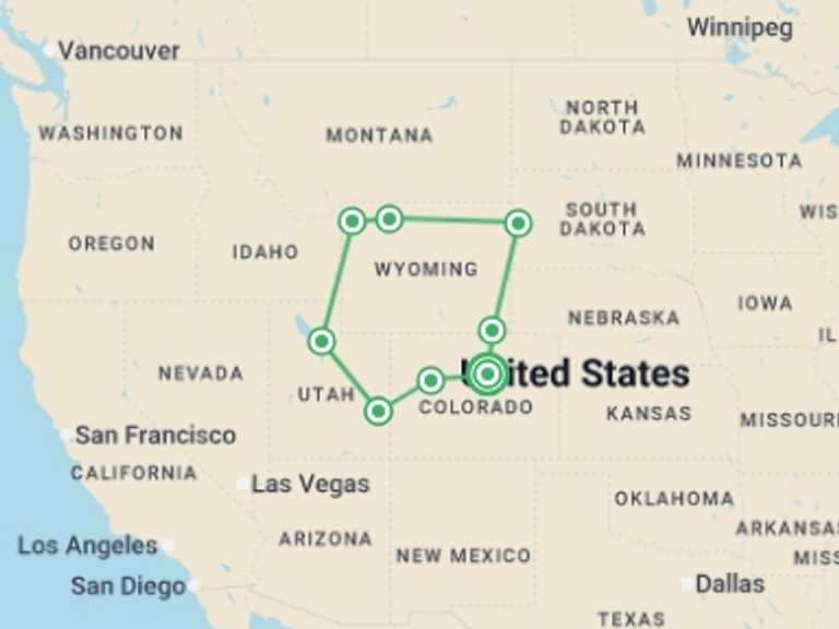 Map of Yellowstone National Park Tour with 8 destination visits for the trip: Denver Loop & Rail - 10 days