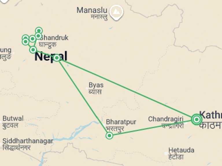 Map itinerary of Nepal Tour in December 2026 with 9 destination visits for the trip: Annapurna Panorama - 13 days